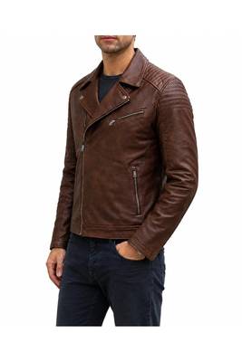 Men's brown leather moto zipper pocket jacket timeless style 1
