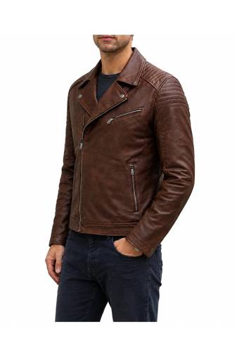 Men's brown leather moto zipper pocket jacket timeless style