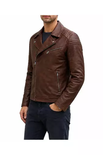 Men's brown leather moto zipper pocket jacket timeless style