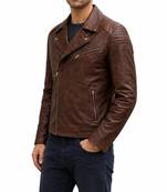 Men's brown leather moto zipper pocket jacket timeless style