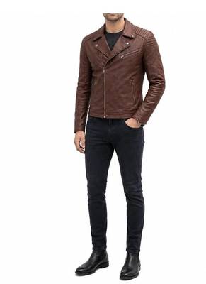 Men's brown leather moto zipper pocket jacket timeless style 2