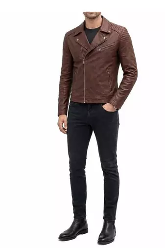 Men's brown leather moto zipper pocket jacket timeless style