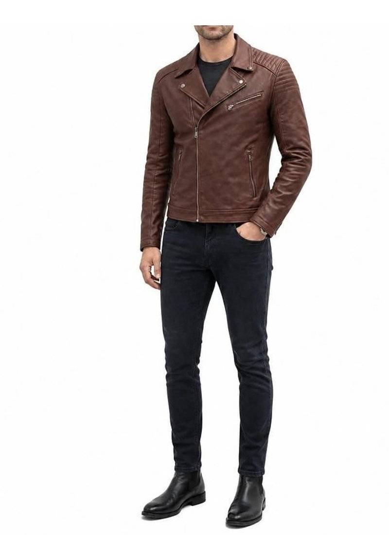 Men's brown leather moto zipper pocket jacket timeless style