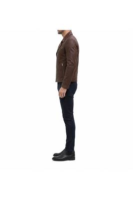 Men's brown leather moto zipper pocket jacket timeless style 3