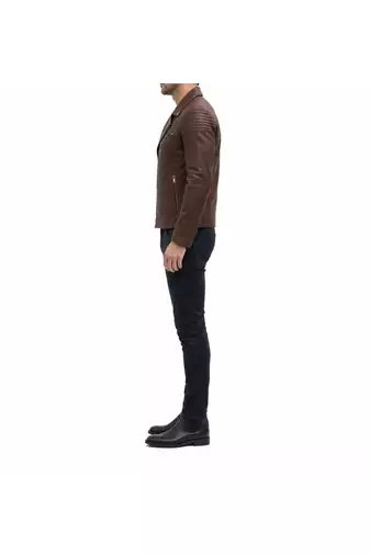 Men's brown leather moto zipper pocket jacket timeless style