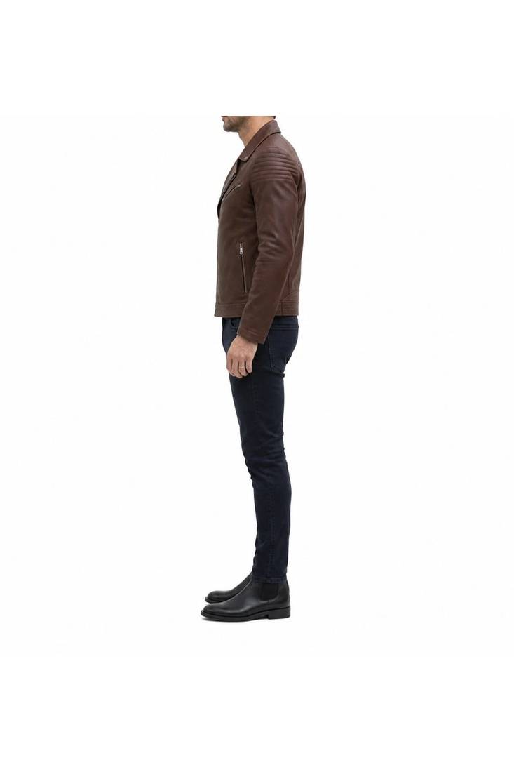 Men's brown leather moto zipper pocket jacket timeless style