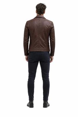 Men's brown leather moto zipper pocket jacket timeless style 4