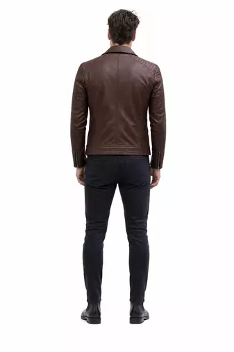 Men's brown leather moto zipper pocket jacket timeless style