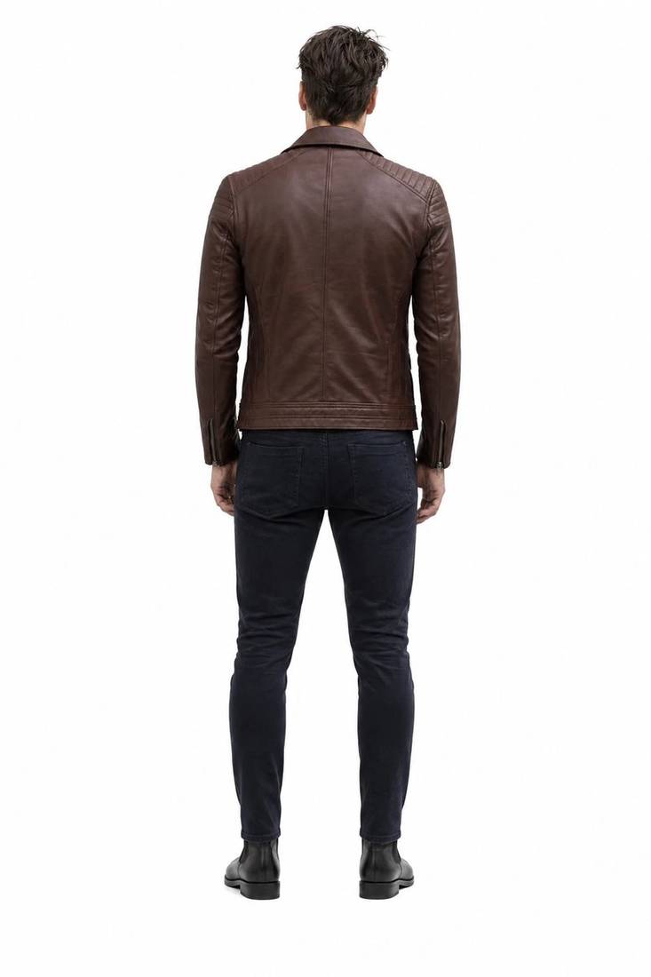 Men's brown leather moto zipper pocket jacket timeless style