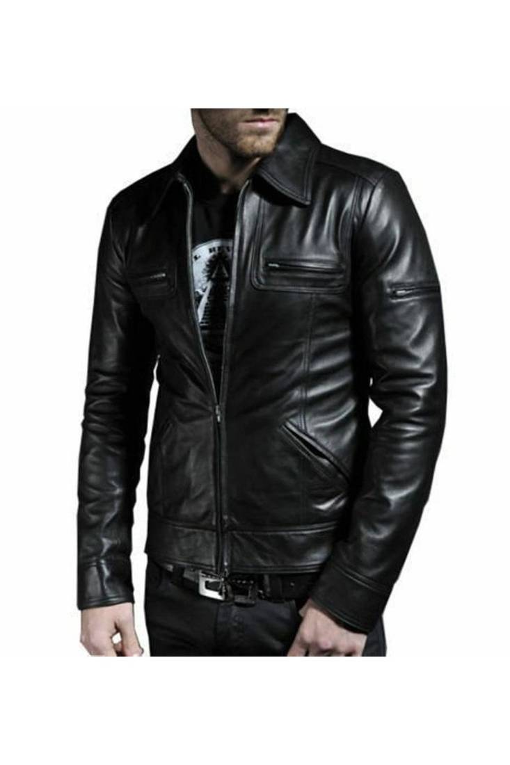 Men's biker leather black moto jacket casual lambskin style
