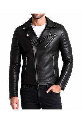 Men's quilted black leather premium quality biker jacket 1
