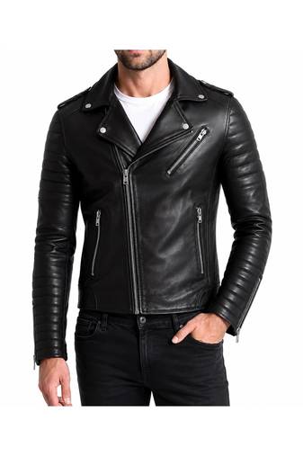 Men's quilted black leather premium quality biker jacket