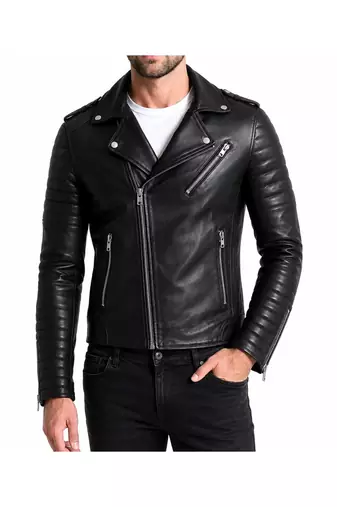 Men's quilted black leather premium quality biker jacket