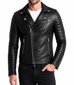 Men's quilted black leather premium quality biker jacket