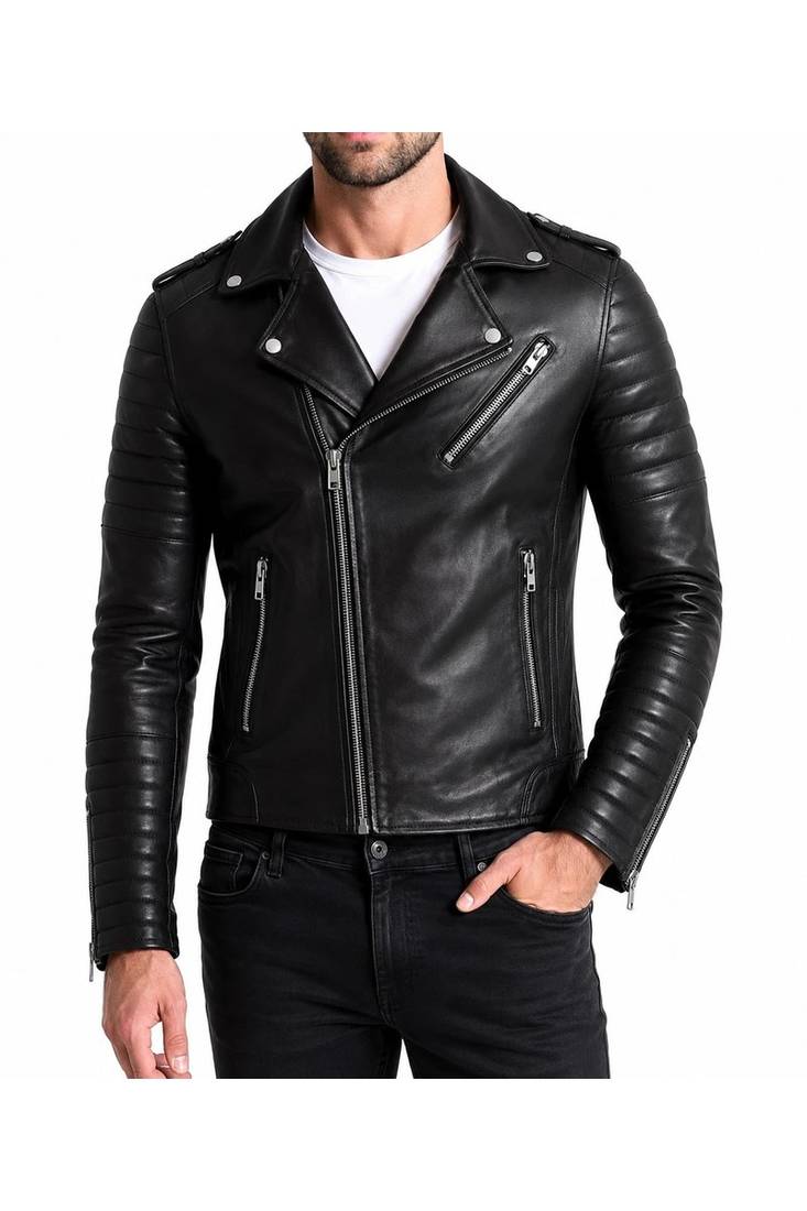 Men's quilted black leather premium quality biker jacket