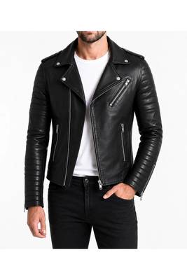 Men's quilted black leather premium quality biker jacket 2