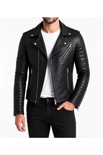 Men's quilted black leather premium quality biker jacket
