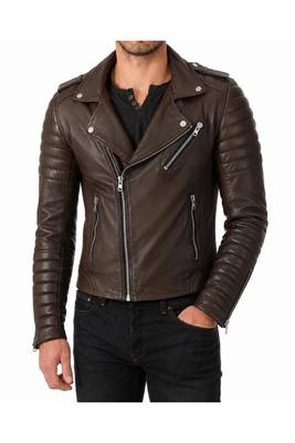 Men's brown leather moto jacket smart casual quilted jacket 1