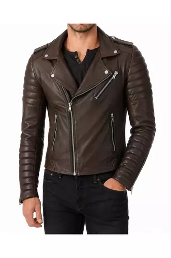 Men's brown leather moto jacket smart casual quilted jacket