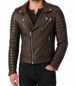 Men's brown leather moto jacket smart casual quilted jacket