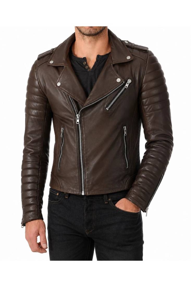 Men's brown leather moto jacket smart casual quilted jacket