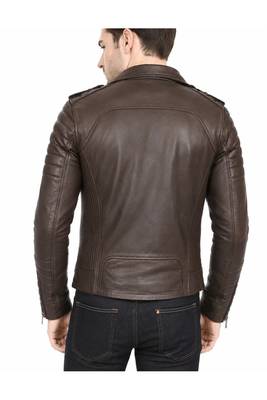 Men's brown leather moto jacket smart casual quilted jacket 2