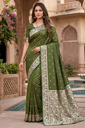 Green soft silk blend saree with zari weaving meenakari design