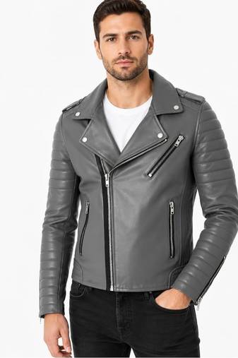 Men's grey quilted leather biker jacket iconic look lambskin