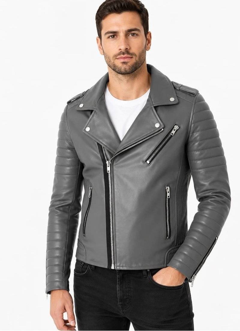 Men's grey quilted leather biker jacket iconic look lambskin