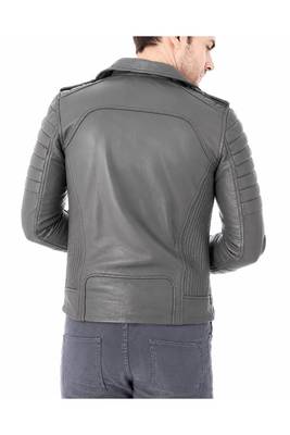 Men's grey quilted leather biker jacket iconic look lambskin 2