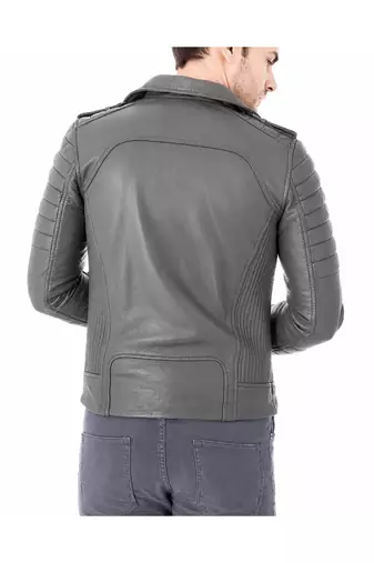 Men's grey quilted leather biker jacket iconic look lambskin