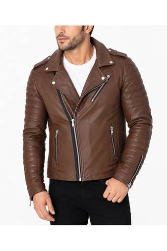 Men's quilted dark tan leather biker jacket urban fashion