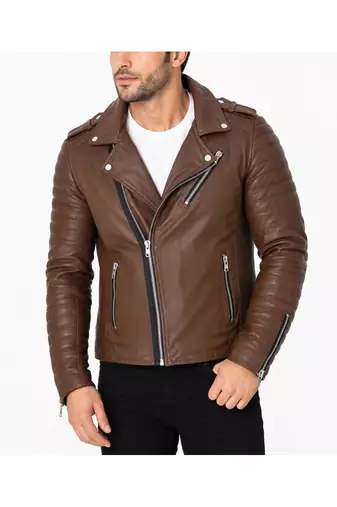 Men's quilted dark tan leather biker jacket urban fashion