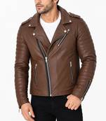 Men's quilted dark tan leather biker jacket urban fashion