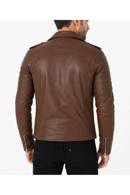 Men's quilted dark tan leather biker jacket urban fashion 2