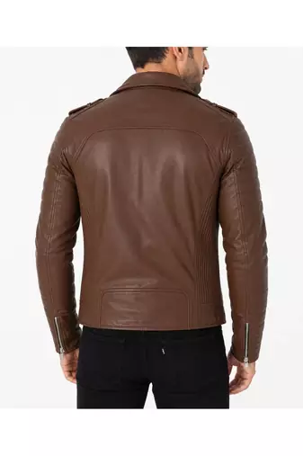 Men's quilted dark tan leather biker jacket urban fashion