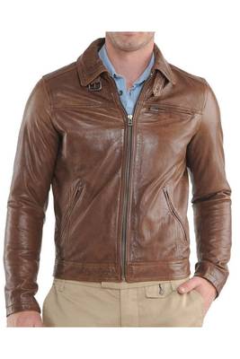 Men's biker leather daily wear brown zipper pocket jacket 1