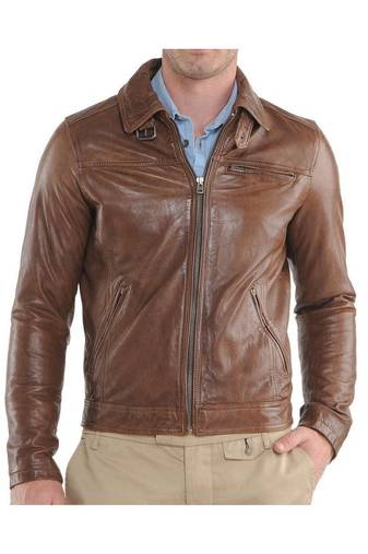Men's biker leather daily wear brown zipper pocket jacket