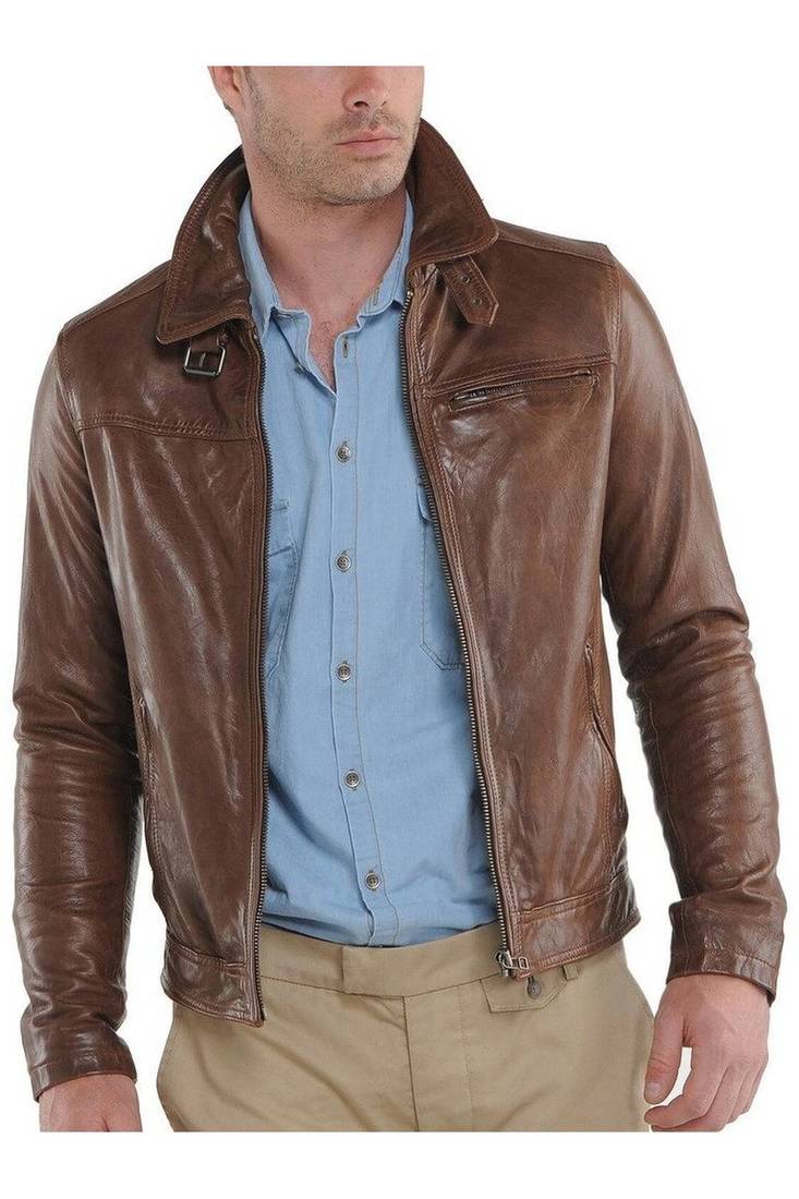 Men's biker leather daily wear brown zipper pocket jacket