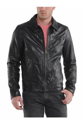 Men's black leather daily wear zipper pocket biker jacket 1