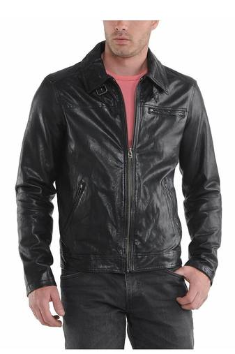 Men's black leather daily wear zipper pocket biker jacket