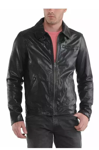 Men's black leather daily wear zipper pocket biker jacket