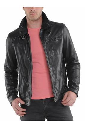 Men's black leather daily wear zipper pocket biker jacket 2