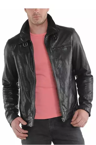 Men's black leather daily wear zipper pocket biker jacket