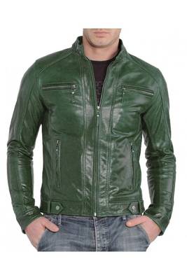 Men's biker green lambskin leather racer jacket classic design 1