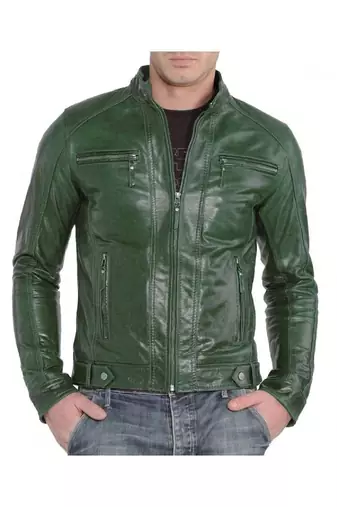 Men's biker green lambskin leather racer jacket classic design