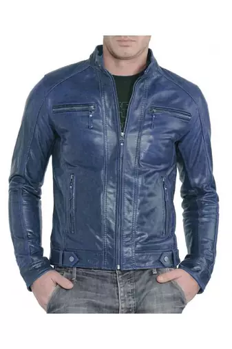 Men's blue lambskin leather racerbiker jacket classic design