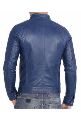 Men's blue lambskin leather racerbiker jacket classic design 2