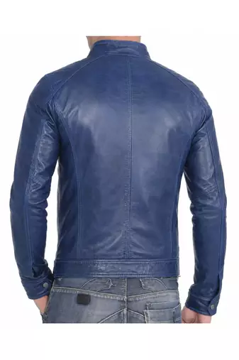 Men's blue lambskin leather racerbiker jacket classic design