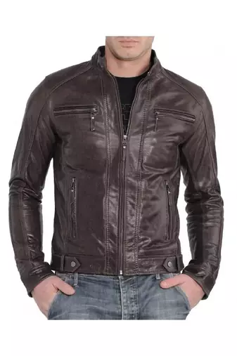 Men's biker brown lambskin leather racer jacket everyday wear